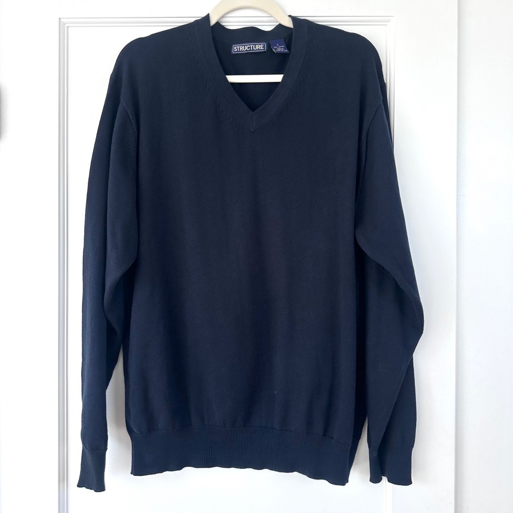 Structure Mens Navy Blue V-Neck Sweater 100%‎ Cotton Knit Pullover Large